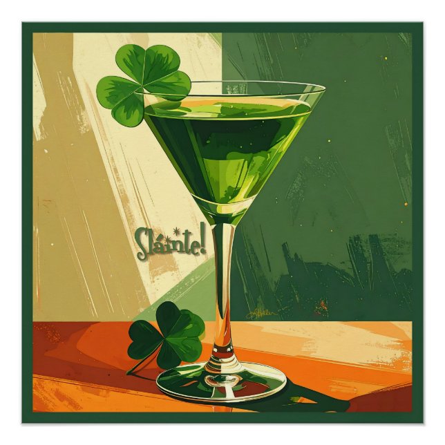Poster Mid Century Modern Shamrock Martini Sláinte!  (Devant)