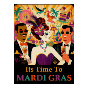 Poster Mid Century Retro 60s Mardi Gras Cocktail Party