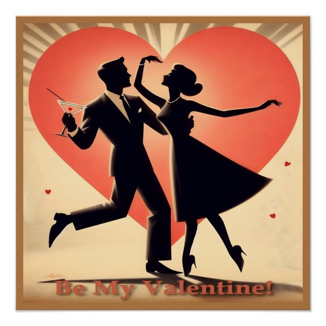 Poster Mid Century Valentine Dancing Couple avec Martini (Devant)