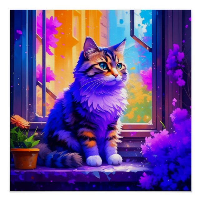 Poster Mignon Chat Assis dans la Fenêtre Ai Art (Devant)
