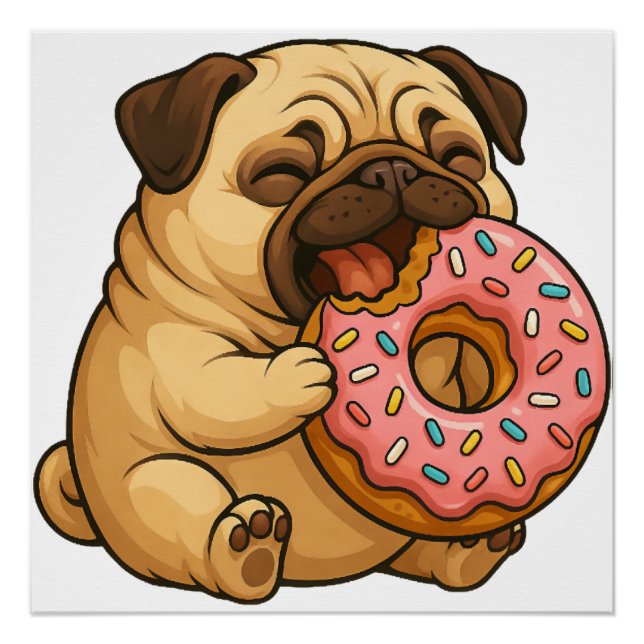 Poster Mignon donut pug cartoon drôle qui mâche  (Devant)