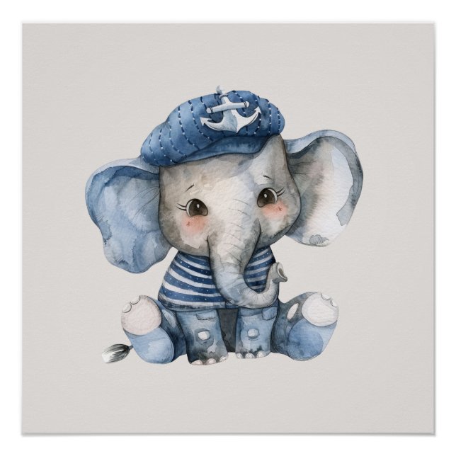 Poster Mignon éléphant bébé bleu marin (Devant)