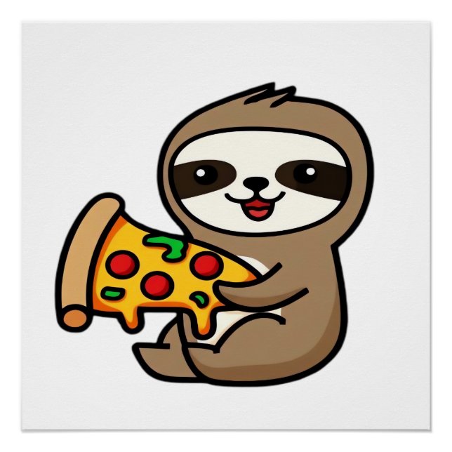 Poster Mignon Kawaii Chibi Paresseux avec Pizza � Dessin  (Devant)