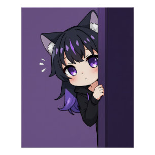Poster Mignon Neko Chibi qui Épie – Fille au Chat Violet