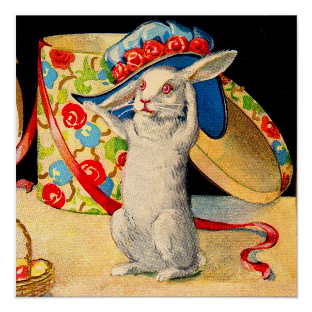 Poster mignon petit lapin blanc portant grand casquette (Devant)