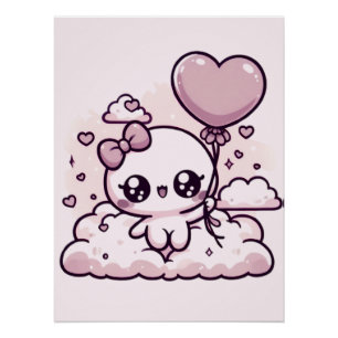 Poster Mignonne Kawaii avec un Ballon en Forme de Cœur