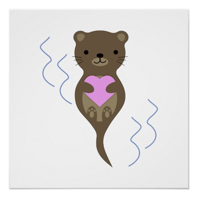 Poster Mignonne Otter embrasse un coeur rose (Devant)