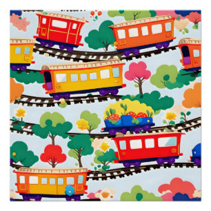 Poster Mignons trains et motif d'arbres bleu