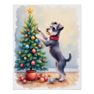 Poster Miniature Schnauzer Décorant l'Arbre de Noël Chien