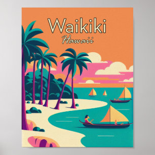 Poster minimaliste d'art Vintage Waikiki Hawaii