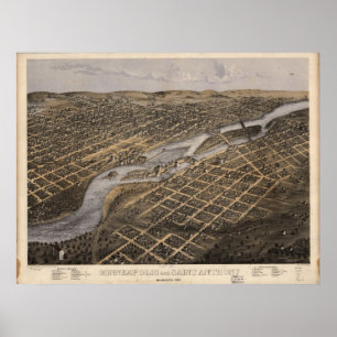 Poster Minneapolis 1867 et St Paul, carte panoramique de