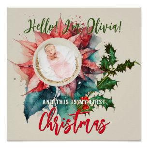 Poster Mistletoe Bébé Nom Photo Noël Poinsettia Rouge