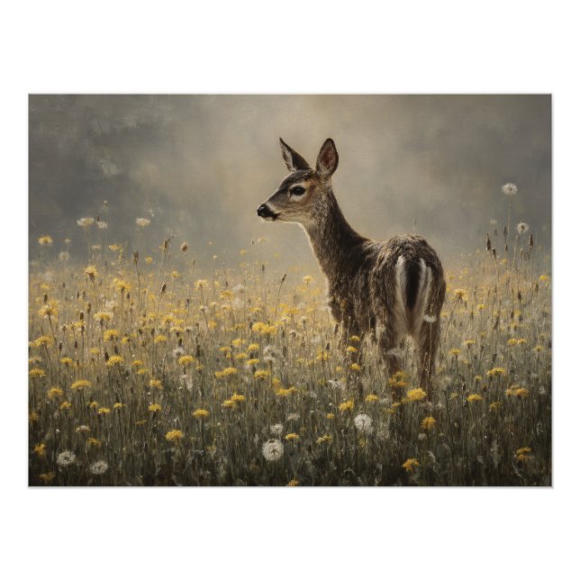 Poster Misty Meadow Fawn Nature Print (Devant)
