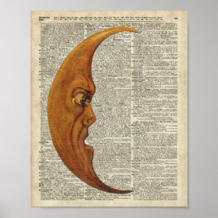 Poster Mistycal Miedieval Moon Visage Vintage Illustratio