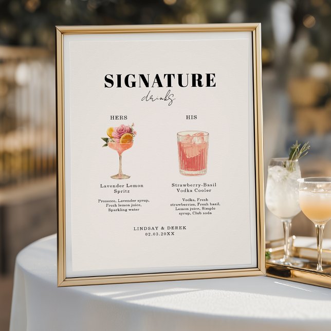 Poster Modern Bold Font His & Hers Drinks Wedding (Modern Bold Font His & Hers Drinks Wedding Poster)