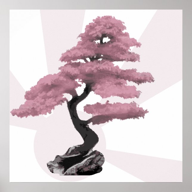 Poster Modern Pink Cherry Tree Bonsai & Rising Sun (Devant)