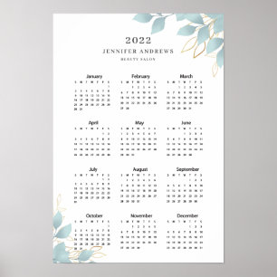 Poster moderne blanc vert feuille Calender 2022