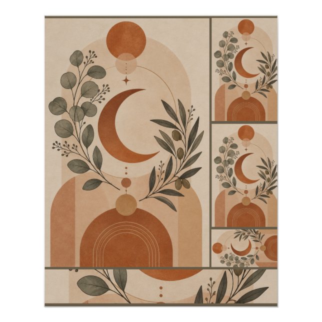 Poster Moderne Boho Croissant de Lune & Branche d'Olivier (Devant)