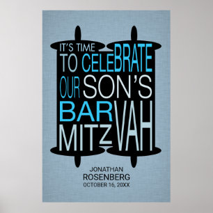 Poster moderne Torah Bar Mitzvah Gris et bleu