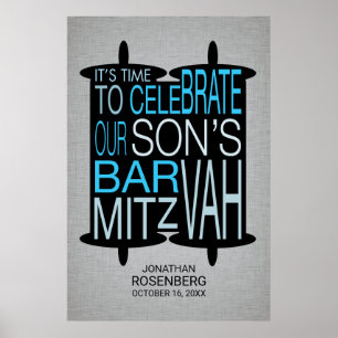 Poster moderne Torah Bar Mitzvah Gris et bleu