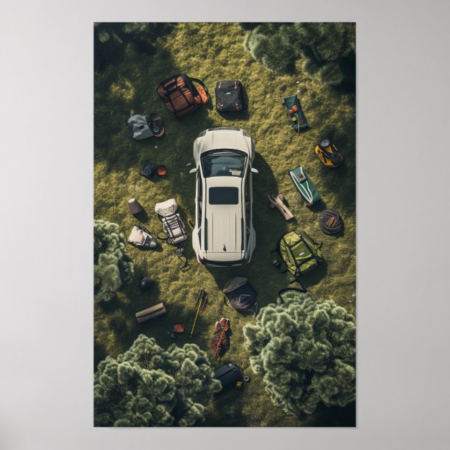 Poster moderne White Nissan Voiture Overhead View (Devant)