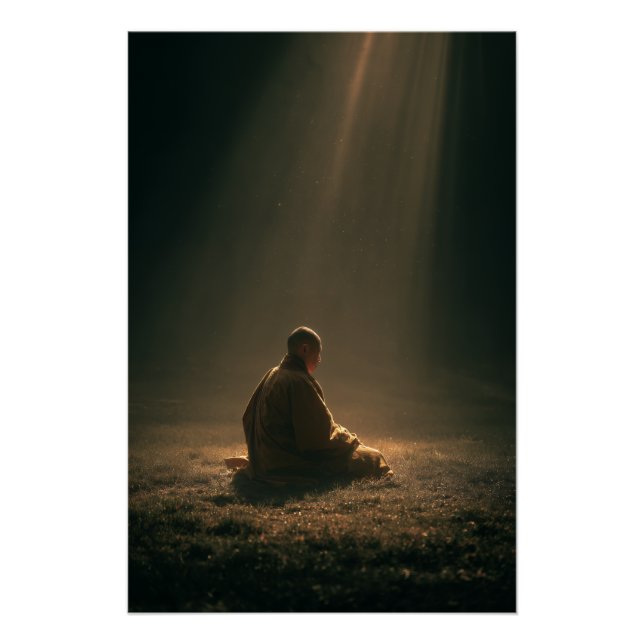 Poster Moine Méditant sous les Rayons de l'Aube Dorée (Devant)