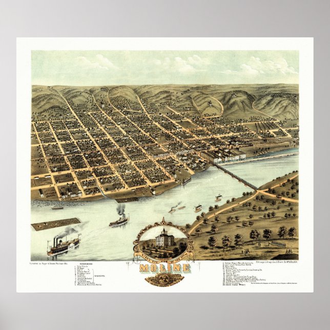 Poster Moline, IL - Carte panoramique - 1869 (Devant)
