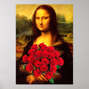 Poster Mona Lisa Avec Bouquet De Roses Rouges