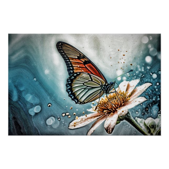 Poster *~* Monarque Papillon Artsy Fleur TURQUOISE AP52 (Devant)
