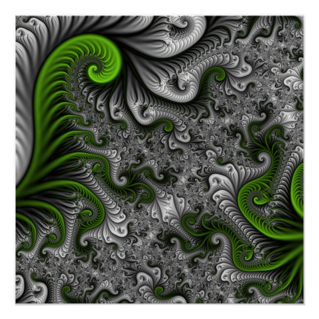 Poster Monde Fantastique Art Fractal Abstrait Vert Et Gri (Devant)
