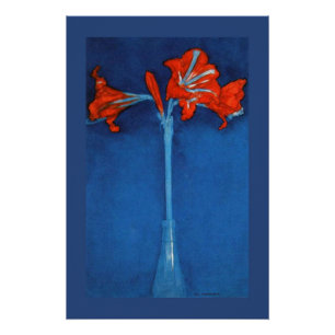 Poster Mondrian - Amaryllis sur Arrière - plan bleu.