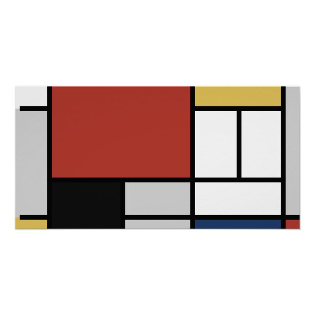 Poster Mondrian Peinture Rouge Plane Jaune Noir Gris Bleu (Devant)