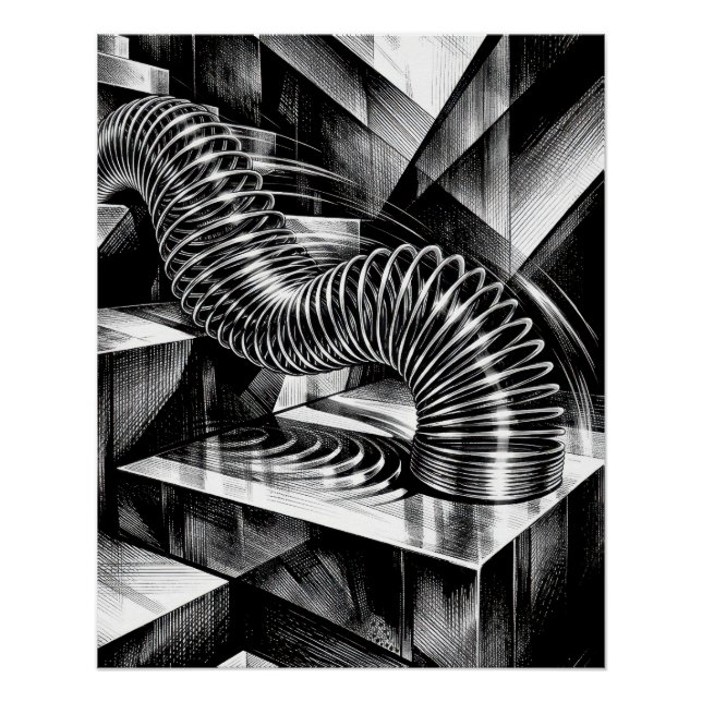 Poster Monochrome Slinky Tumbling Down Chrome Steps (Devant)