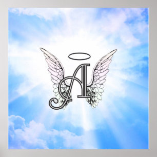 Poster Monogram Initial A, Angel Wings & Halo w/ Clouds