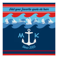 Monogramme Ancre Vagues Bateau Rouge Blanc Bleu Na