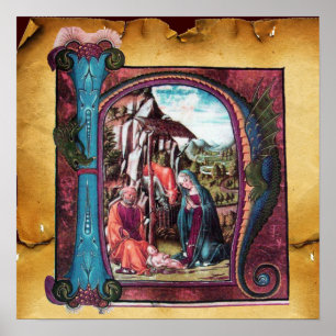 POSTER MONOGRAMME DE LA NATIVITÉ PARCHEMIN DE NOËL