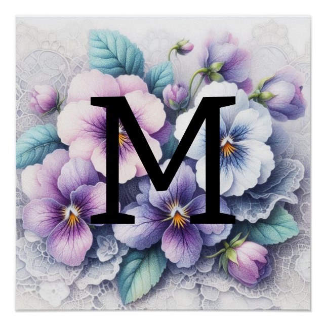 Poster Monogramme dentelle fleurie rose pourpre vitres fl (Devant)