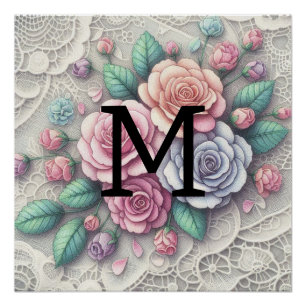 Poster Monogramme dentelle floral rose violet bleu roses