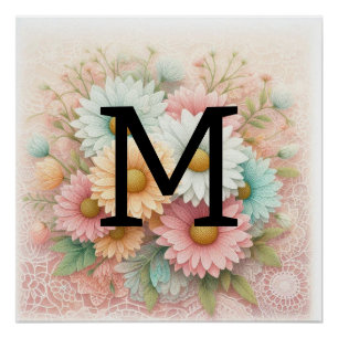 Poster Monogramme dentelle florale rose blanc pâle margue