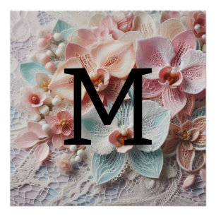 Poster Monogramme dentelle florale rose pastel orchidées