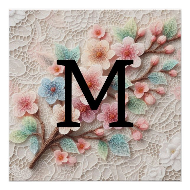 Poster Monogramme dentelle rose floral pastel fleurs de c (Devant)