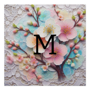 Poster Monogramme dentelle rose pastel fleurs de cerisier