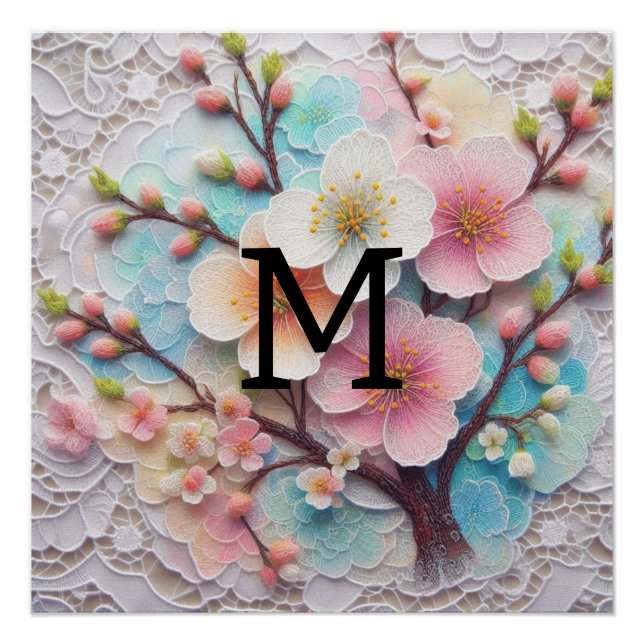 Poster Monogramme dentelle rose pastel fleurs de cerisier (Devant)
