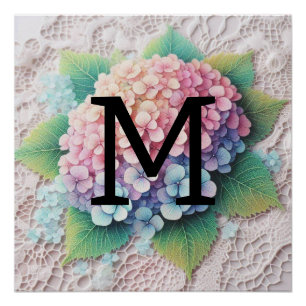 Poster Monogramme dentelle rose purée hydrangée fleurs