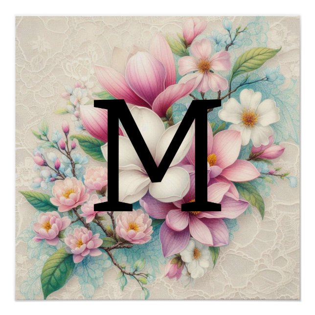 Poster Monogramme dentelle rose violet fleurs de magnolia (Devant)
