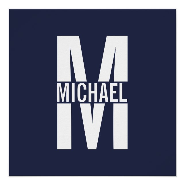 Poster Monogramme et nom personnalisés bleu marine (Devant)