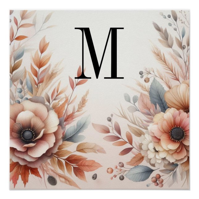 Poster Monogramme Feuilles de automne et fleurs aquarelle (Devant)