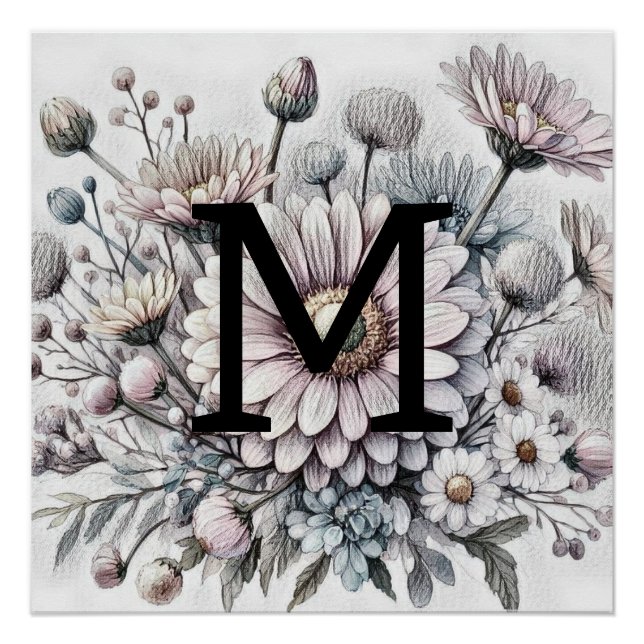 Poster Monogramme floral dessin rose gerbera marguerites (Devant)