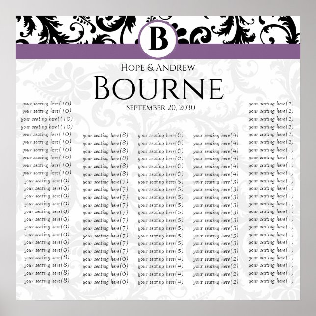 Poster Monogramme noir et blanc pourpre Damas (Devant)