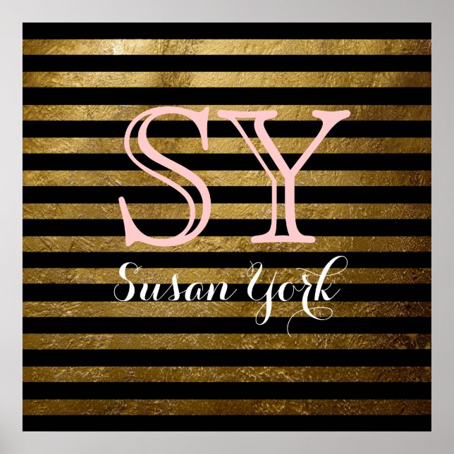 Poster monogramme noir rayures dorées style chic (Devant)